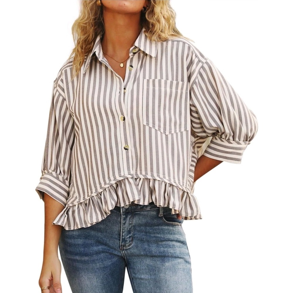Womens Ruffled Boho Western Cottagecorge Button Down Blouse Size L
